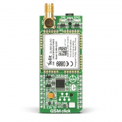 GSM Click featuring the GL865-QUAD GSM module for IoT and M2M applications - Front GSM Click featuring the GL865-QUAD GSM module for IoT and M2M applications - Front