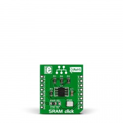 SRAM Click featuring the 23LC1024 SPI SRAM chip for high-speed data storage - Front SRAM Click featuring the 23LC1024 SPI SRAM chip for high-speed data storage - Front