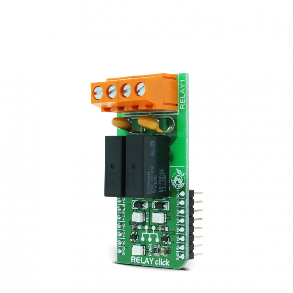 RELAY Click board features two G6D1AASI5DC power PCB relay modules