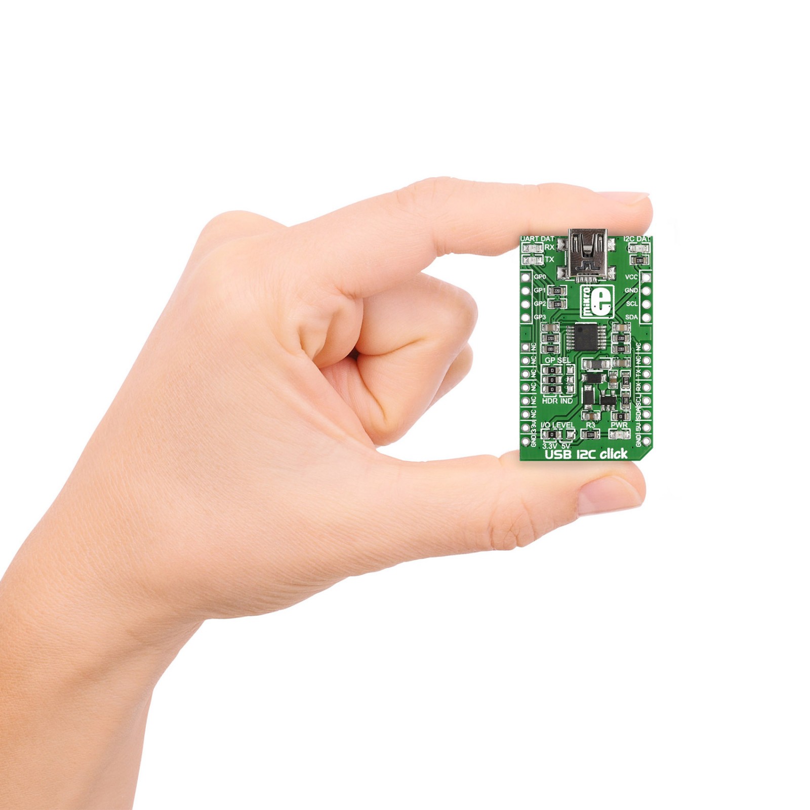 USB I2C click — board with MCP2221 USB-to-UART/I2C converter